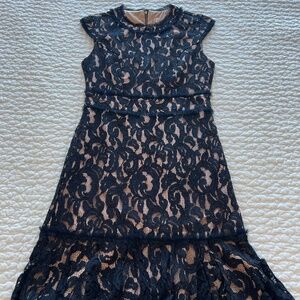 Nanette Lepore- Navy lace cocktail dress with blush/nude underlay - Size 4